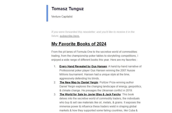 Tomasz Tunguz氏のテキストメール